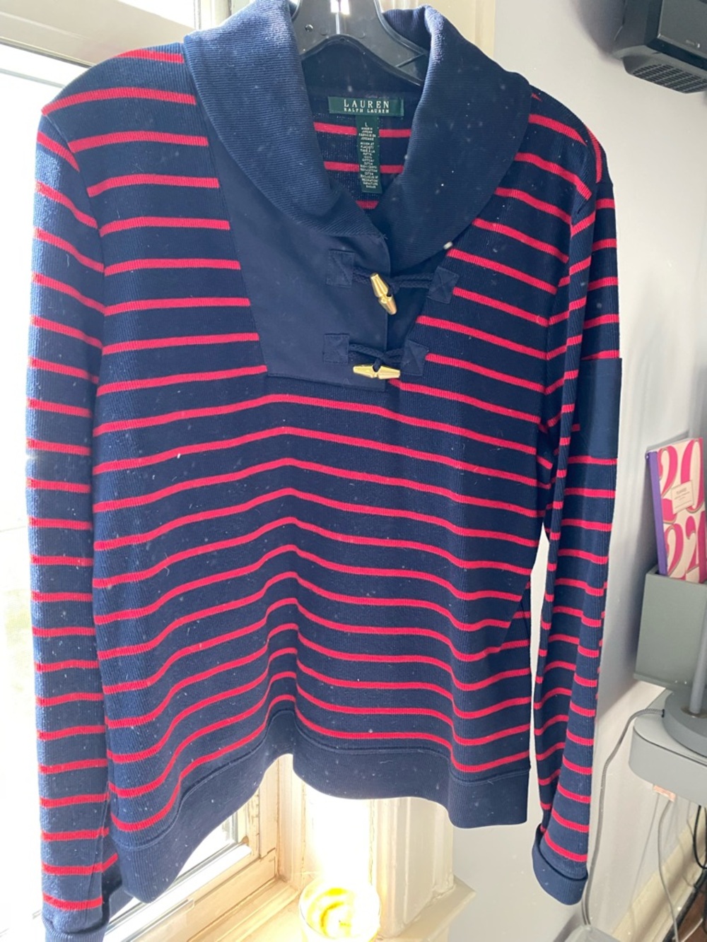 Ralph Lauren Navy and Red Striped V-Neck Toggle Sweater